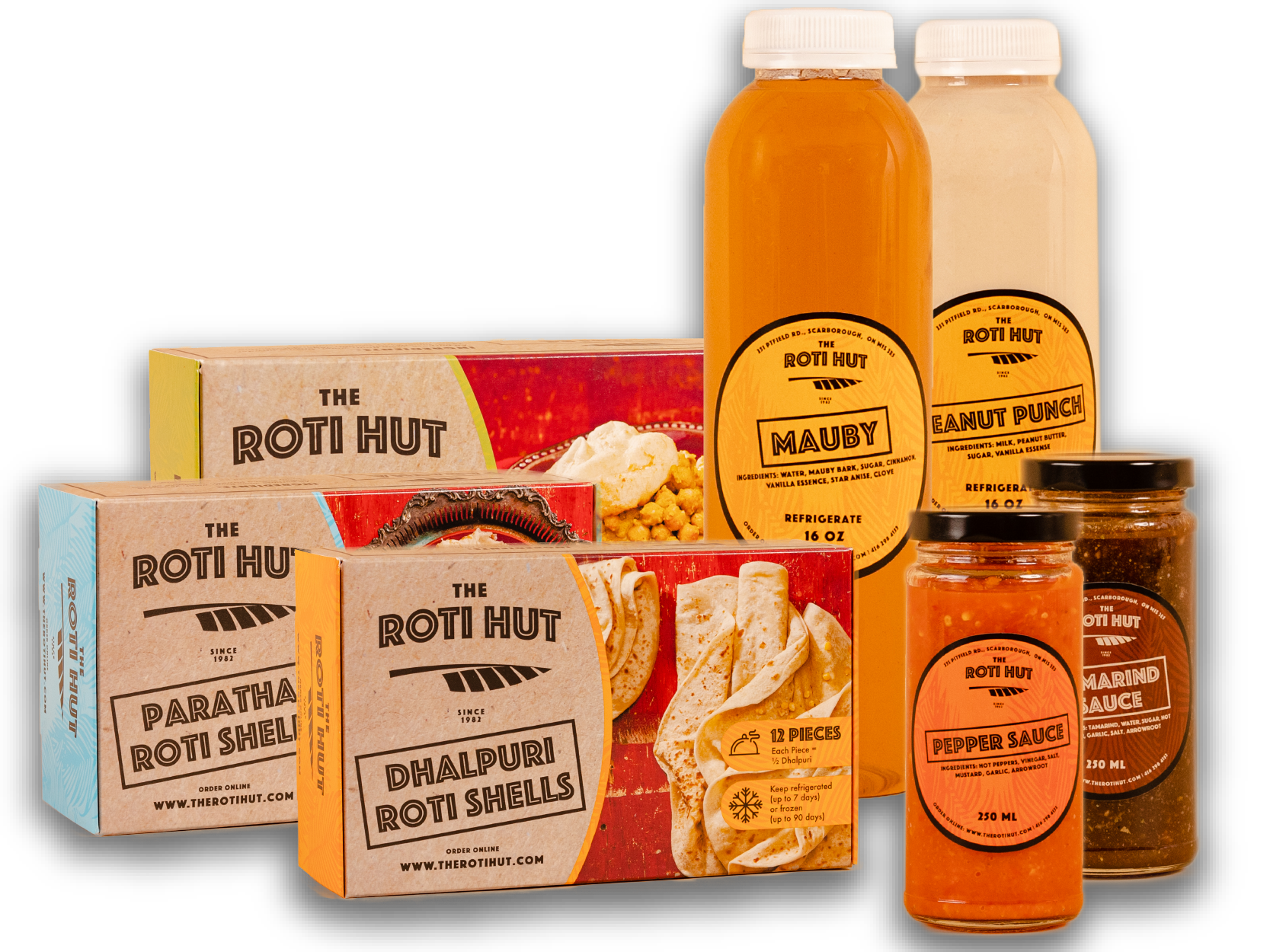 The Roti Hut wholesale products including roti shells, sauces, mauby, and peanut punch